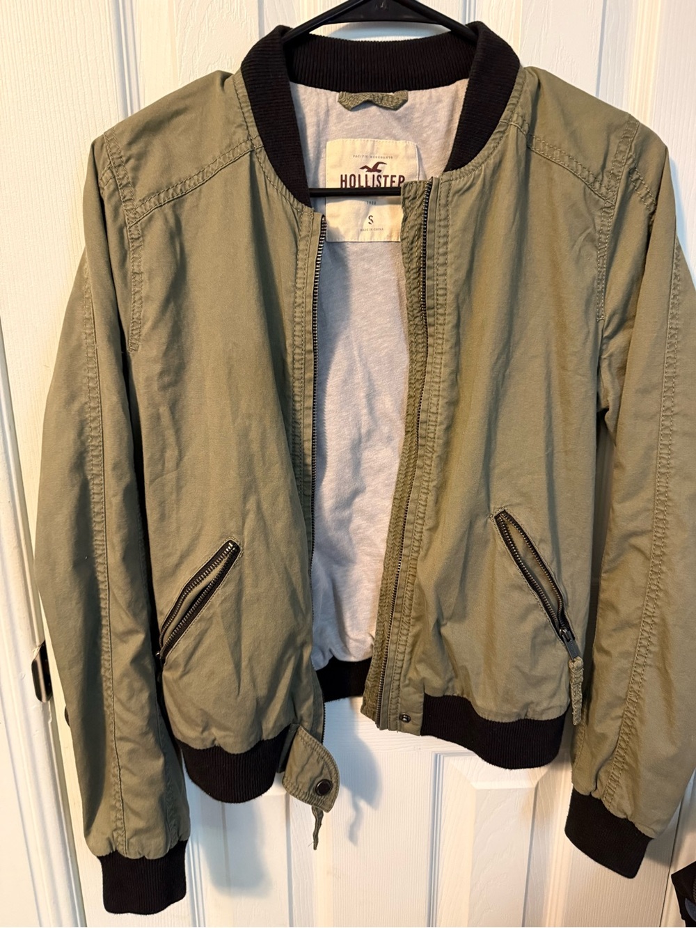 Hollister Sage Green Bomber Jacket with Black Ribbing